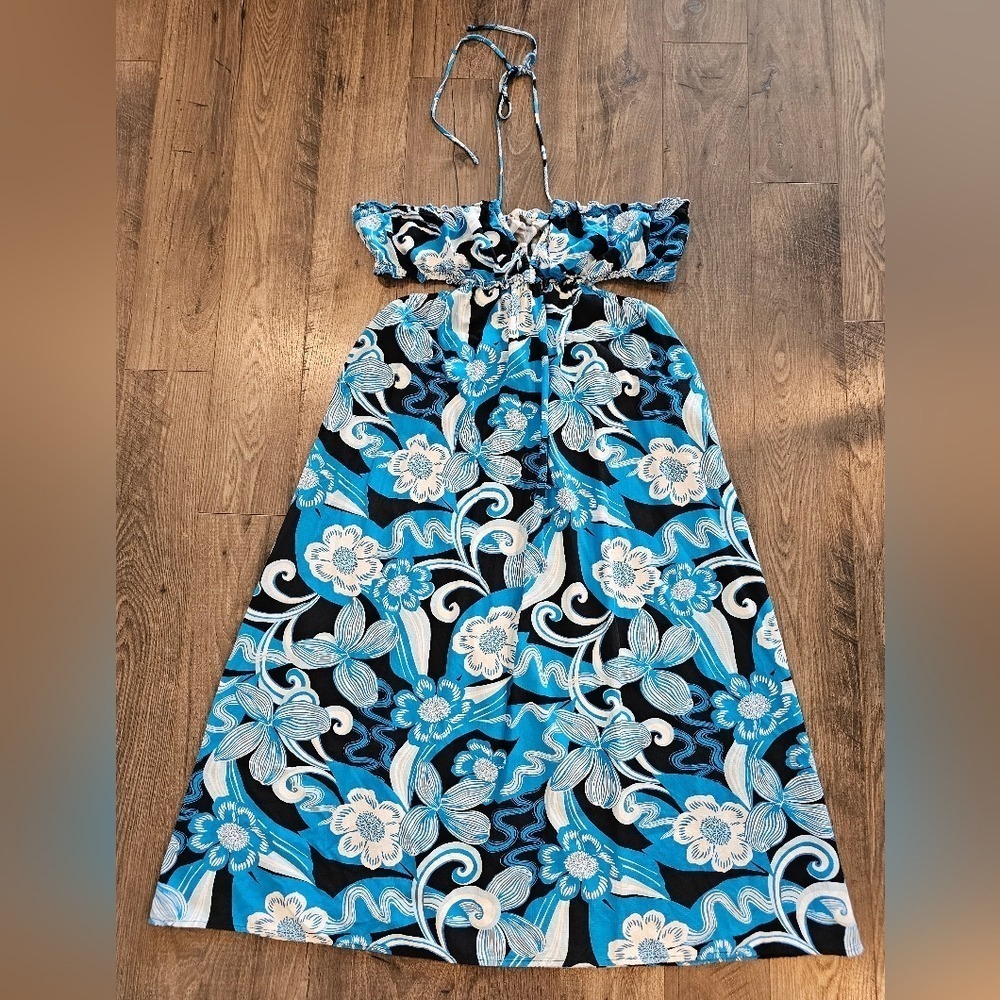 Women's XL Blue Floral Cutout Halter Maxi Dress Resort Beach Vacation Bohemian